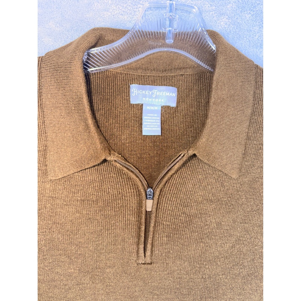 Hickey Freeman Mens Medium Camel Brown Ribbed 1/4 Quarter Zip Polo Sweater Shirt